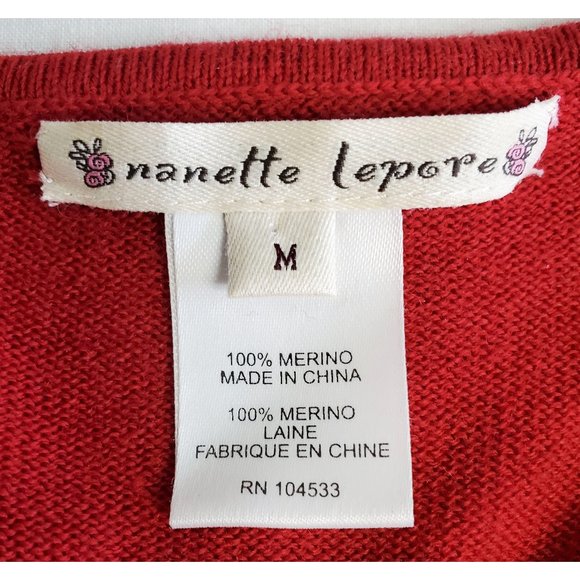 NANETTE LEPORE Womens  Fine Knit Meriono Wool Sweater Pleated Cuff Bow Red M - Picture 2 of 7